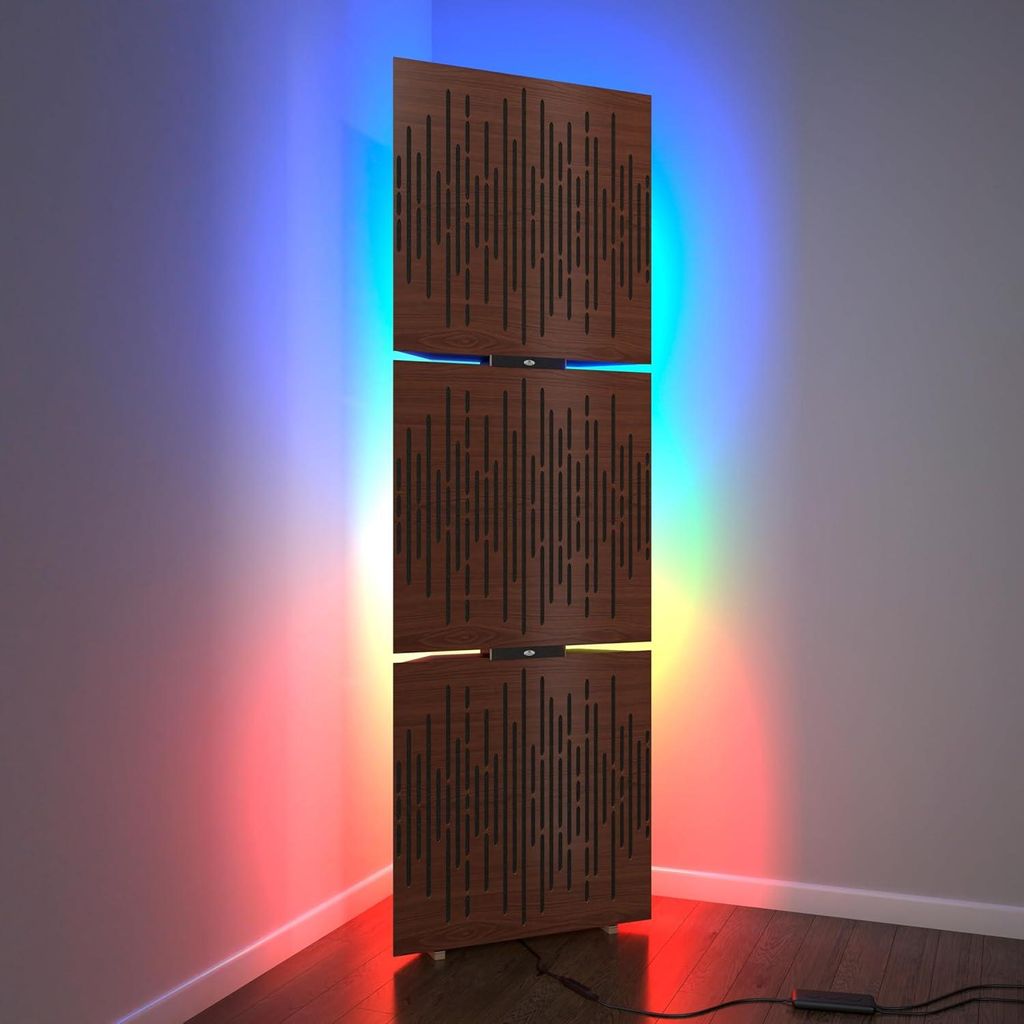 3er-Pack– Akustik-Bassfallen „WAVE“ mit Stehlampe | Mobiler Akustik-Eckständer mit LED-RGB-Hintergrundbeleuchtung | 150x50x10cm |Nussbaum