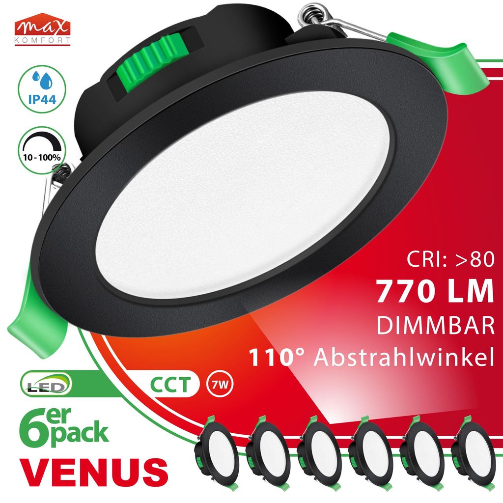 6x LED Einbaustrahler VENUS Schwarz IP44 7W Dimmbar CCT Badbeleuchtung