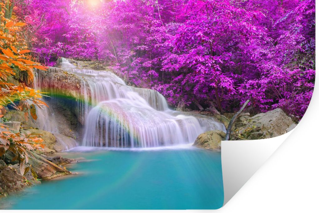 MuchoWow Wandtattoo Wandsticker Wandaufkleber Wasserfall - Bäume - Regenbogen - Lila 90x60 cm Selbstklebend und Repositionierbar - Aufkleber