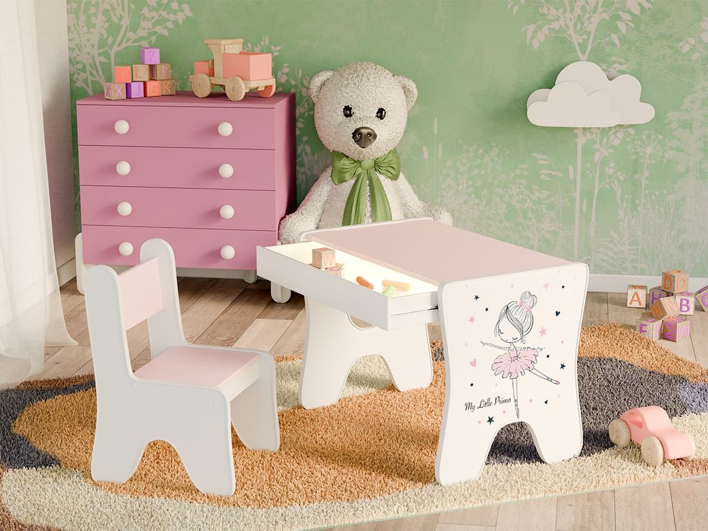 Happy Babies - Kinderschreibtisch-Stuhl-Set, ergonomischer Spieltisch mit geräumiger Schublade - Kinder-Lern- und Spieltisch - Kindermöbel, Balle...