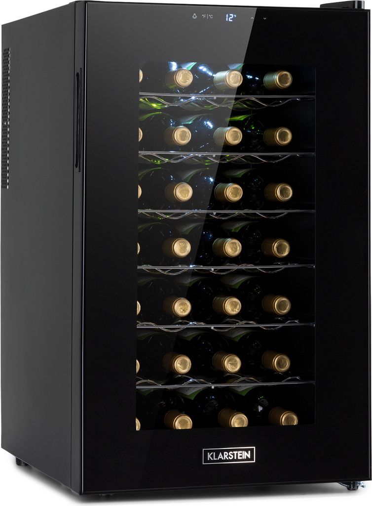 A black wine cooler filled with wine bottles, seen from the front.