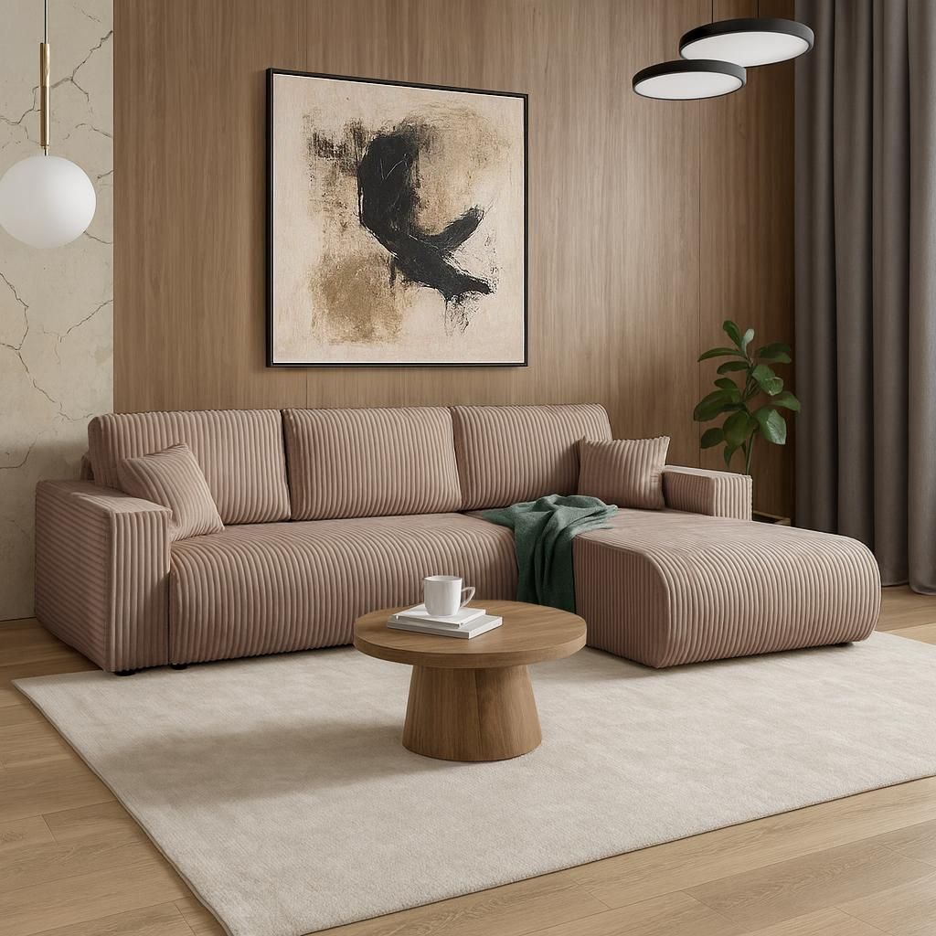 BEAUTYSOFA | Ecksofa Porto L-Form, Wohnzimmer Sofa mit universelle Ottomane, Ecksofa mit Schlaffunktion und Bettkasten, Couch modern in Bronze