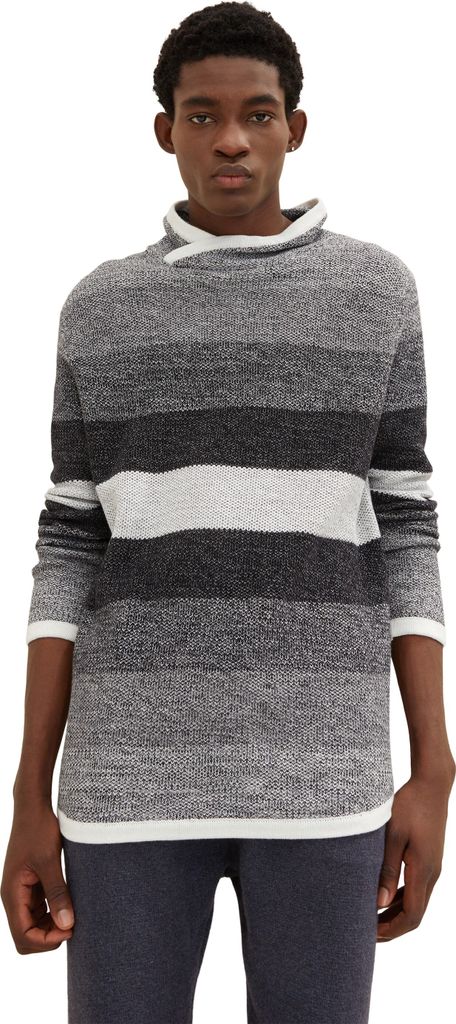 33154 TomTailor, color fow snood pull, Herren Hoodie Kapuzenpullover Pulli, mittlerer Jacquardstrick, asphaltgrau ecru, S