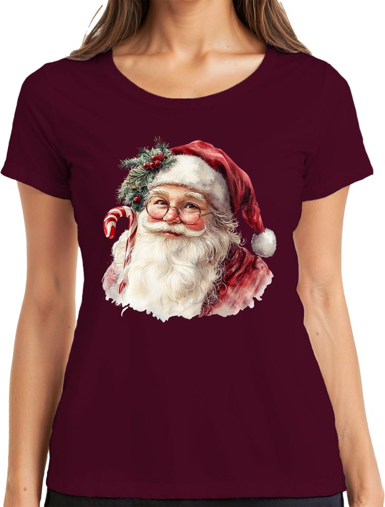 Weihnachtsmann Zuckerstange Bart Brille Aquarell Weihnachten Damen T-Shirt, Burgundy, XXL