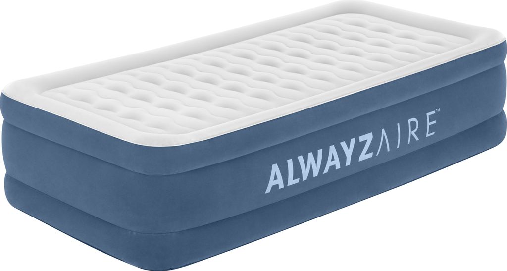 A blue and white inflatable air mattress is shown from a slightly elevated side angle on a white background.
