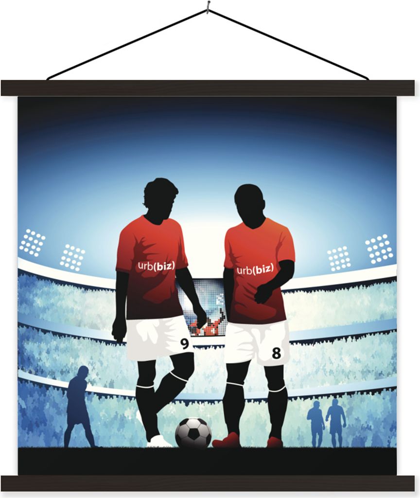 MuchoWow Textilposter Eine Illustration von zwei Fußballspielern in einem Stadion - Jungen - Mädchen - Kinder 40x40 cm mit schwarzem Rahmen - F...