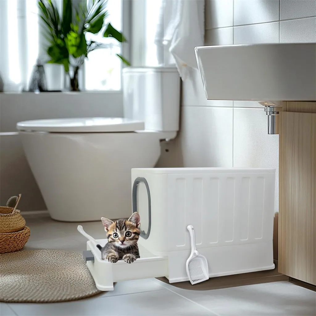 Litière pour chat blanc et gris M, solution idéale pour appartement
