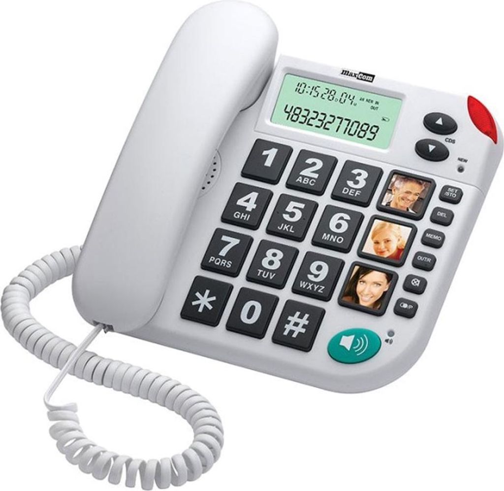 A white corded telephone with large buttons and a screen, placed on a white background.
