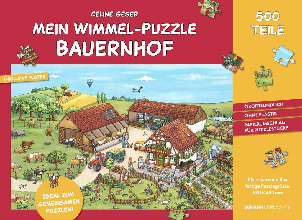 Wimmel-Puzzle Bauernhof-Szene mit Kühen, Hühnern und Traktor, 500 Teilen