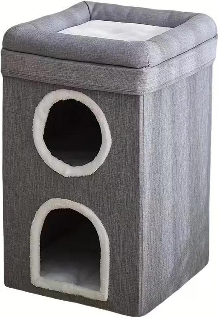 Katzenbett & Katzenhaus - Turm/Höhle - Faltbar & Reisegeeignet - 3 Ebenen - Kratzbrett - Wildleder - Für Große Katzen - Grau