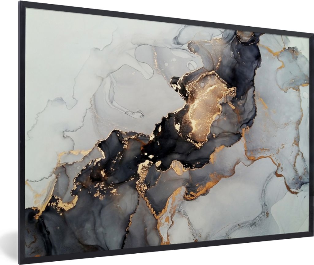 MuchoWow Gerahmtes Poster Schwarz - Marmor - Luxus - Gold 30x20 cm - Poster mit Schwarzem Bilderrahmen Wandposter Rahmen Foto Bilder - Kunstdruck...