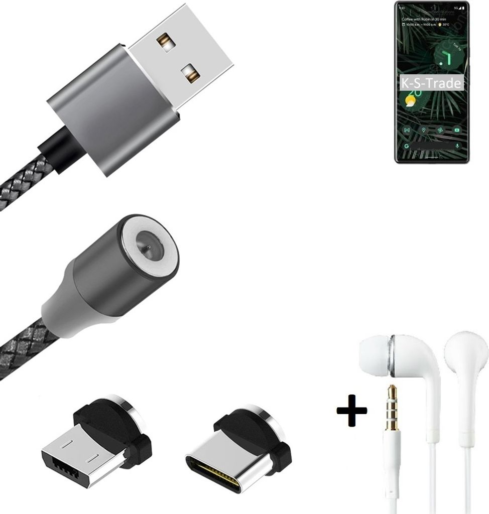 K-S-Trade Hochwertiges Magnet-Lade-kabel Sync-Kabel Daten-Kabel + Kopfhörer kompatibel mit Google Pixel 6 Pro mit USB-Typ-C-Anschluss und
