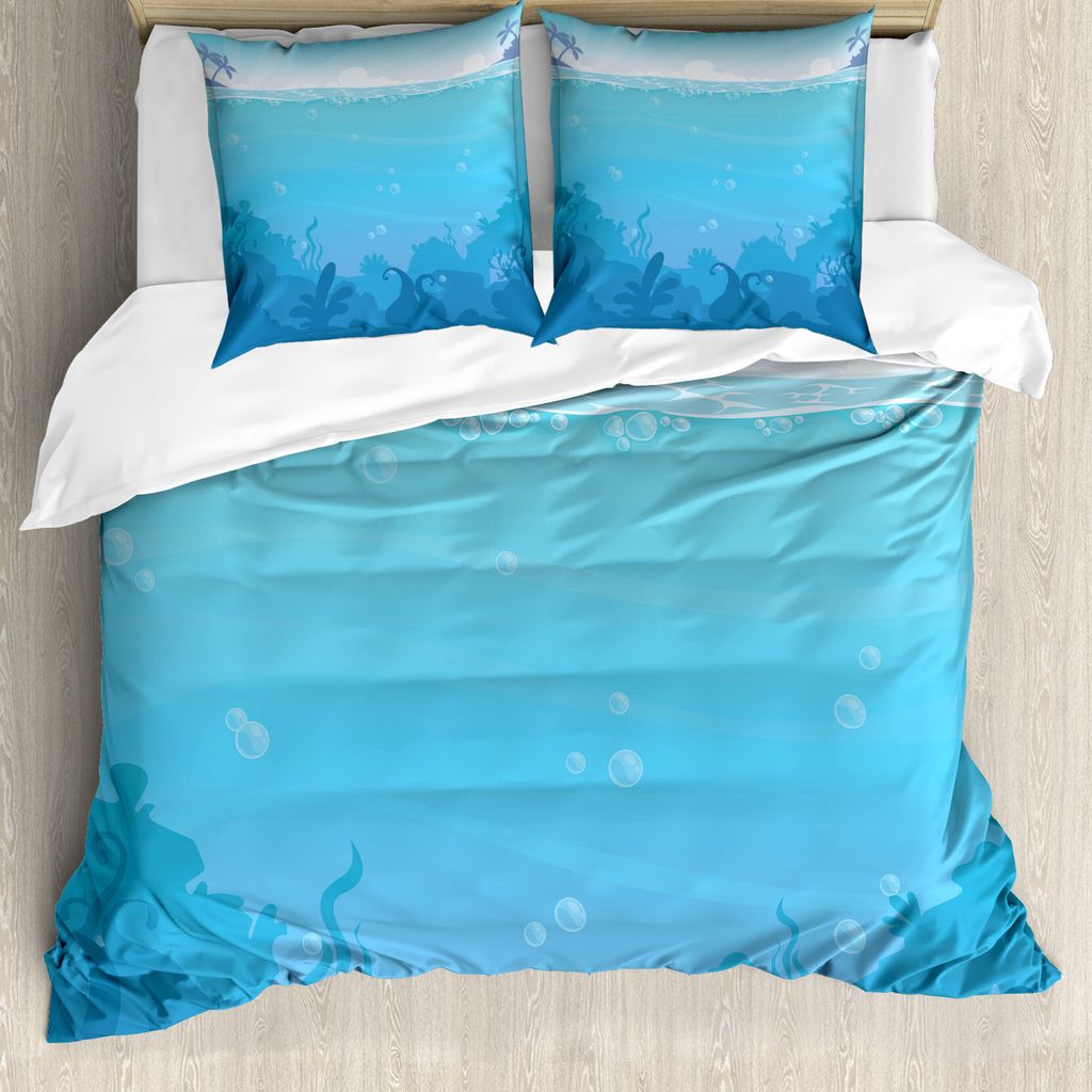 ABAKUHAUS Tiefsee Bettbezug Set für Einzelbetten, Unterwasserlandschaft Palmen, Milbensicher Allergiker geeignet mit Kissenbezug, 155 cm x 220 cm ...