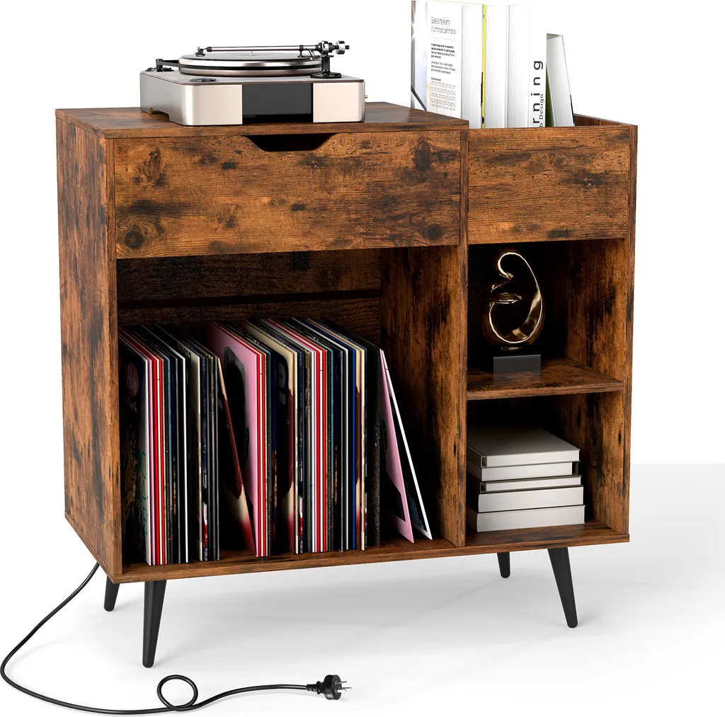 Support Platine Vinyle Anti-Poussière avec Prise et Rangement pour Disques