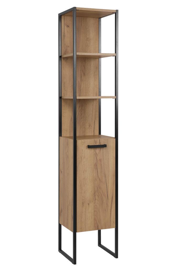 Hoher Badezimmerschrank Im Loft-Stil, 1 Tür, Eiche Goldfarbenes Metall, 185 X 35 Cm