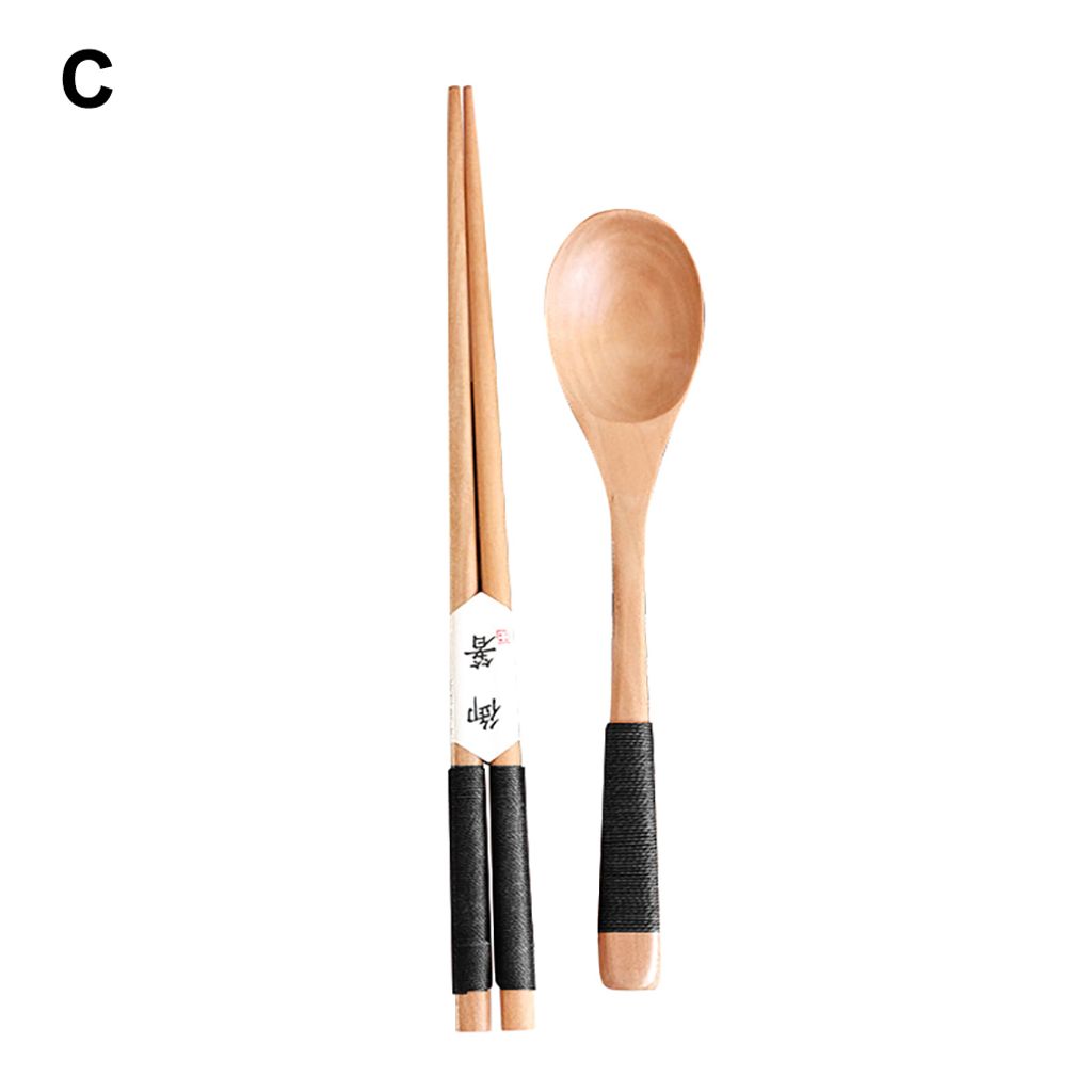Japanische Vintage Travel Portable hölzerne Essstäbchen Löffel Geschirr Set Xmas Geschenk-C