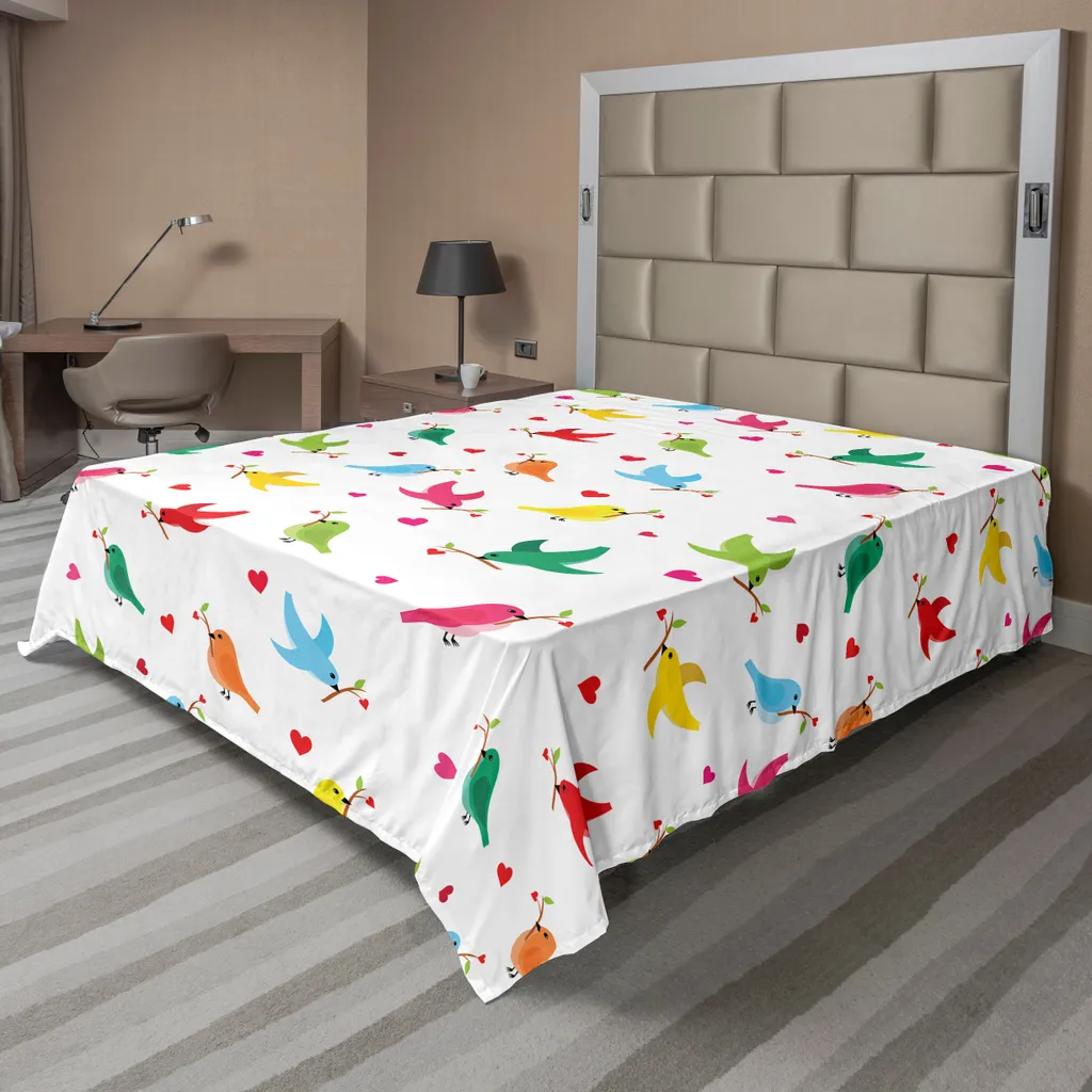 Drap plat pour lit double motif oiseaux et cœurs décoratif 275x260 cm