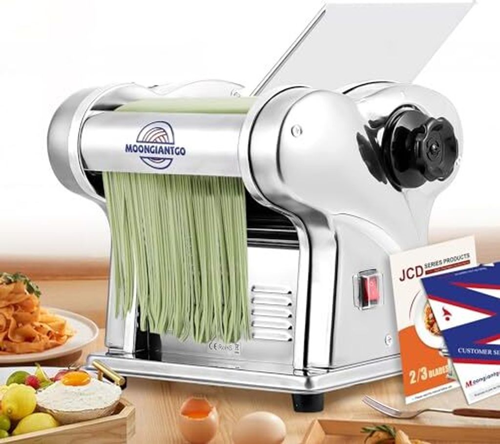 Moongiantgo Electric Edelstahl Nudelmaschine, Maker 2 Blätter 1,5 mm 4 mm, 9-Level-Dicke-Einstellung 0,3-3 Pasta, Fettuccin, Tagliolini,