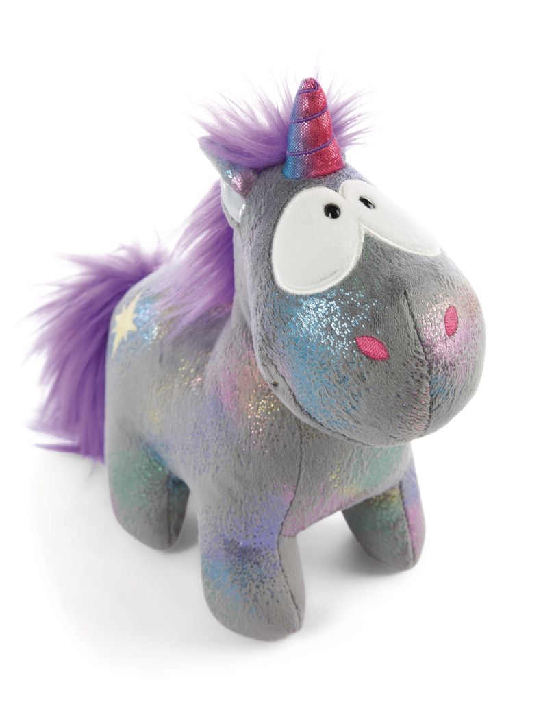 A plush unicorn toy is shown against a white background.