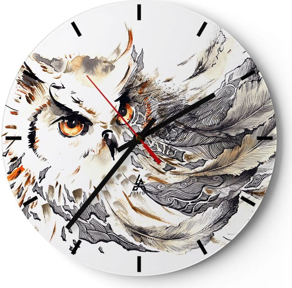 Wanduhr - Rund - Glasuhr - Owl Federn Weisheit Natur - 40x40cm - Schleichendes Uhrwerk - Lautlos - zum Aufhängen bereit - Dekoration Modern - Wand...