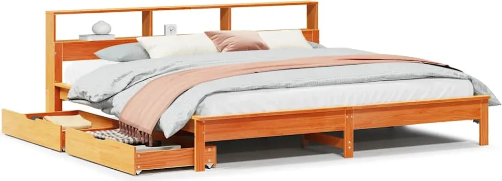 Lit en bois massif 180x200 cm vidaXL brun cireux avec tête de lit étagère