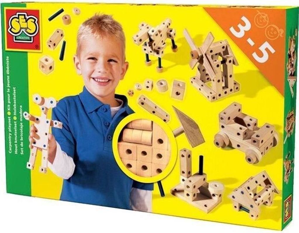 Holzbauspielzeug Set, 46 Teile, Holz Hammer Inklusive, Holz Konstruktionsspielzeug, Ab 3 Jahren, SES Creative
