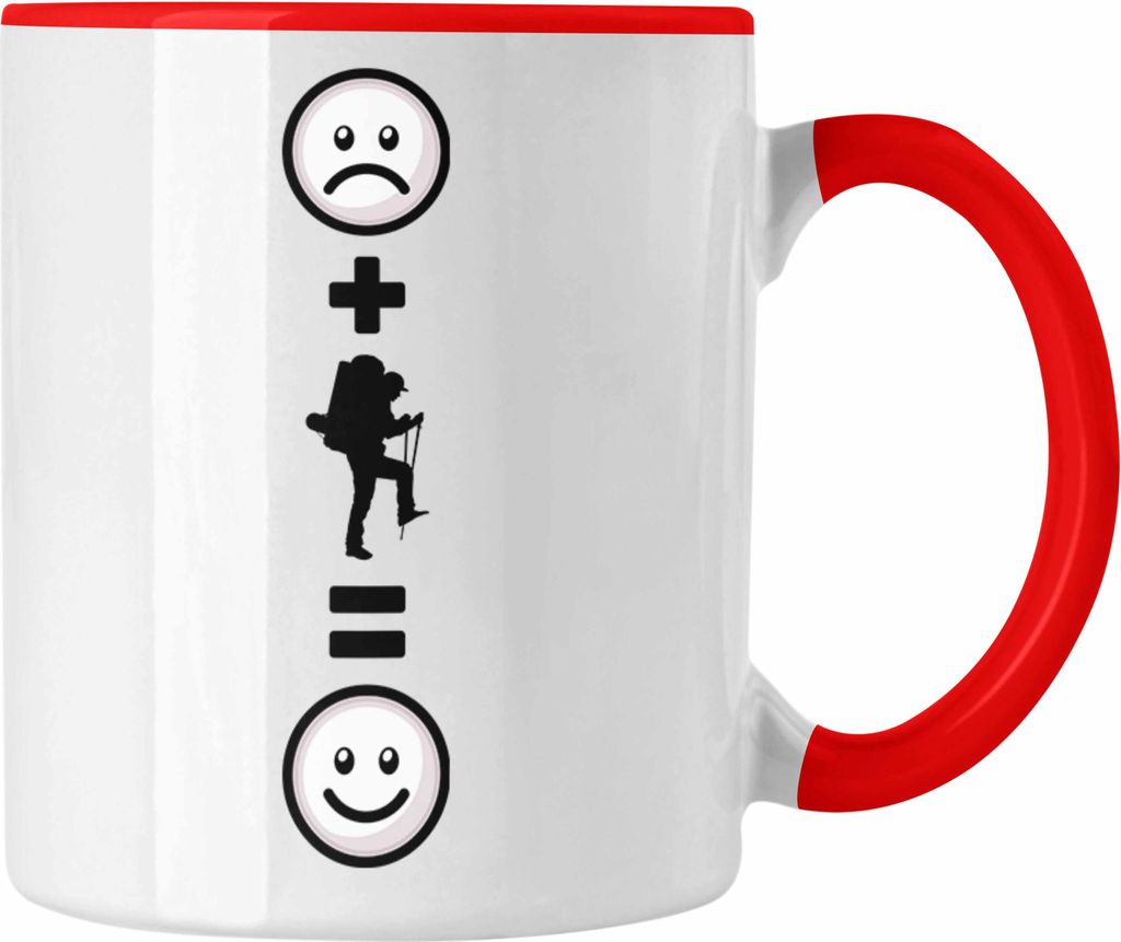 Trendation - Wandern Tasse Geschenk für Wanderer Berge :( + Wandern = :) Lustige Geschenkidee Geburtstag (Rot)