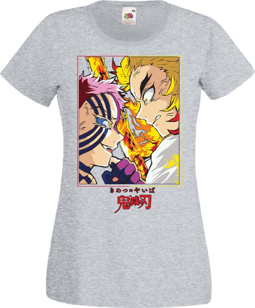 Damen T-Shirt Manga Anime Demon Anime Slayer Rengoku Vs Akaza Fight Slayer Demon, Lady 2XL / Grau