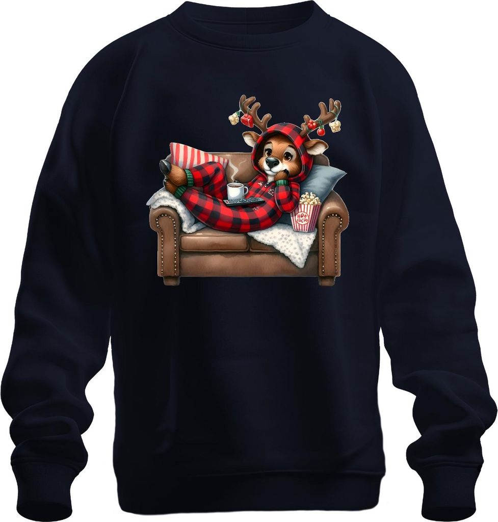 Rentier Karo Schlafanzug gemütlich Weihnachten Kinoabend Geschenk Uni Sweatshirt Pullover, Navy, L