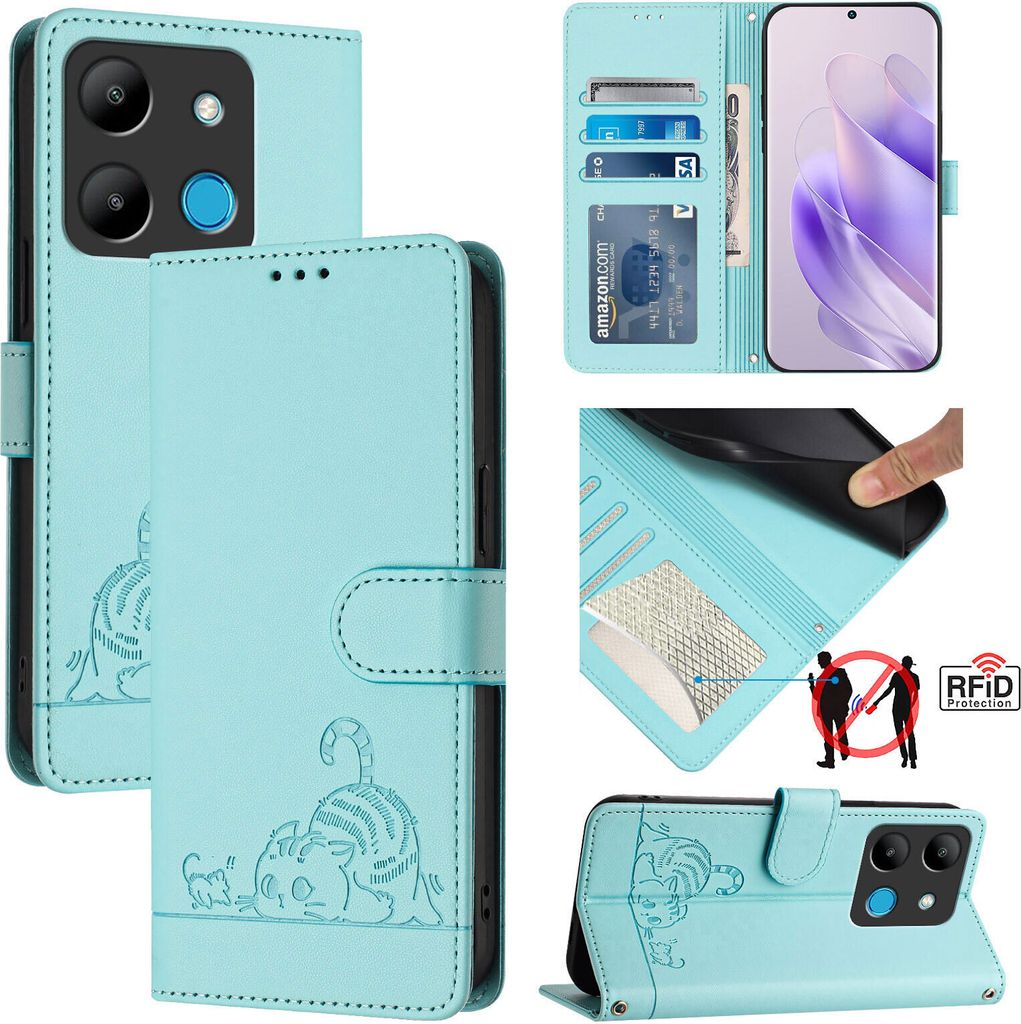 Leder Hülle für Infinix Smart 7 Süße Katze Flip Case Brieftasche Schutzhülle mit Standfunktion hellgrün