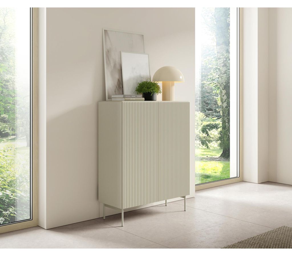 Gefräste Kommode 100 cm, 2-türig MUDI, elegante und moderne Kommode für Wohnzimmer, stilvolle Kommode mit Regalen, Farbe: Kaschmir