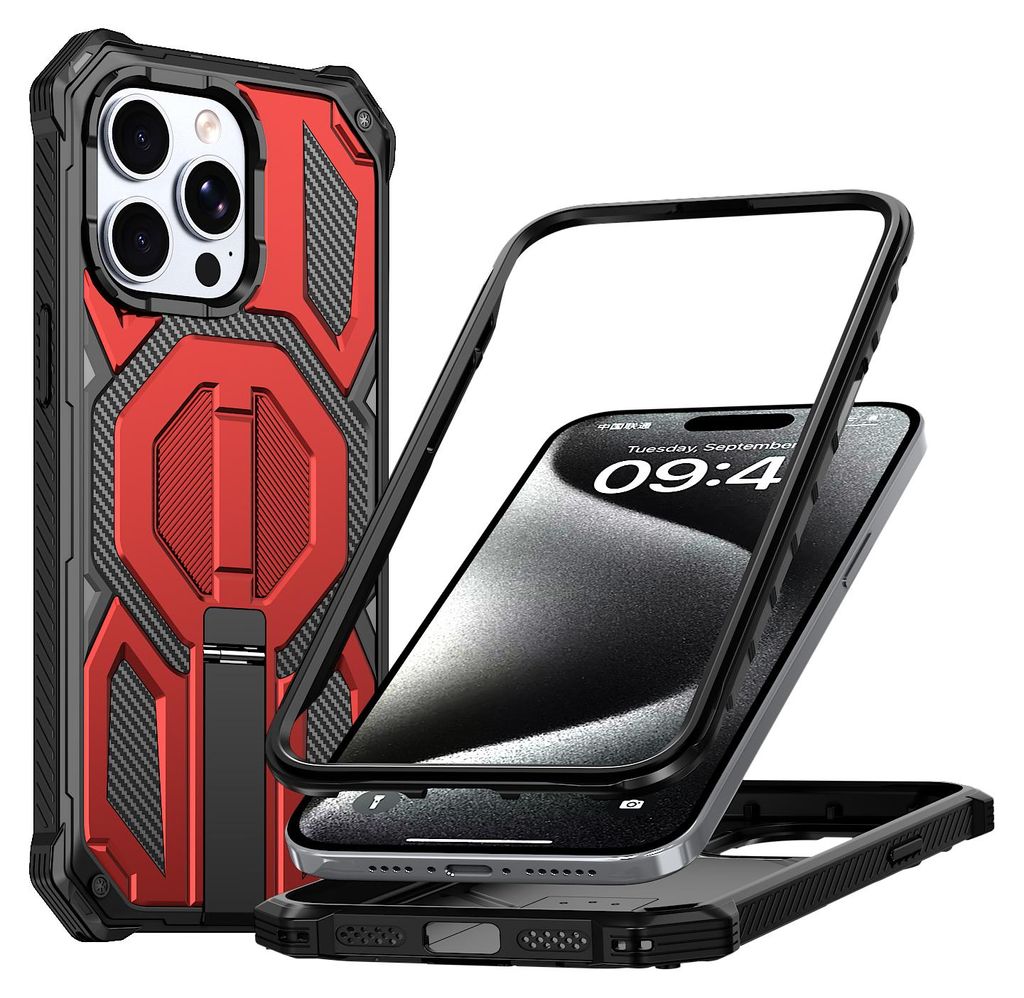 Magnetische Hülle für iPhone 15 Pro, Kompatibel mit MagSafe, Mit Metall-Ständer, Militärischer Stoßschutz Handyhülle Rot