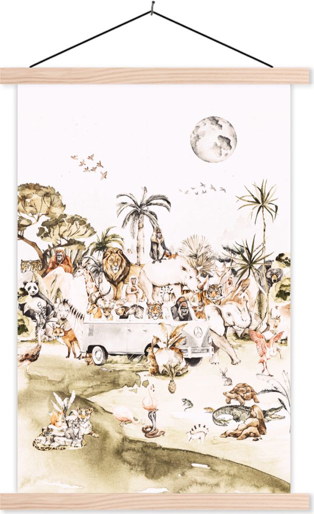 MuchoWow Textilposter Bus - Tiere - Kinder - Jungen - Mädchen - Palme 40x60 cm mit holzfarbenen Rahmen - Poster