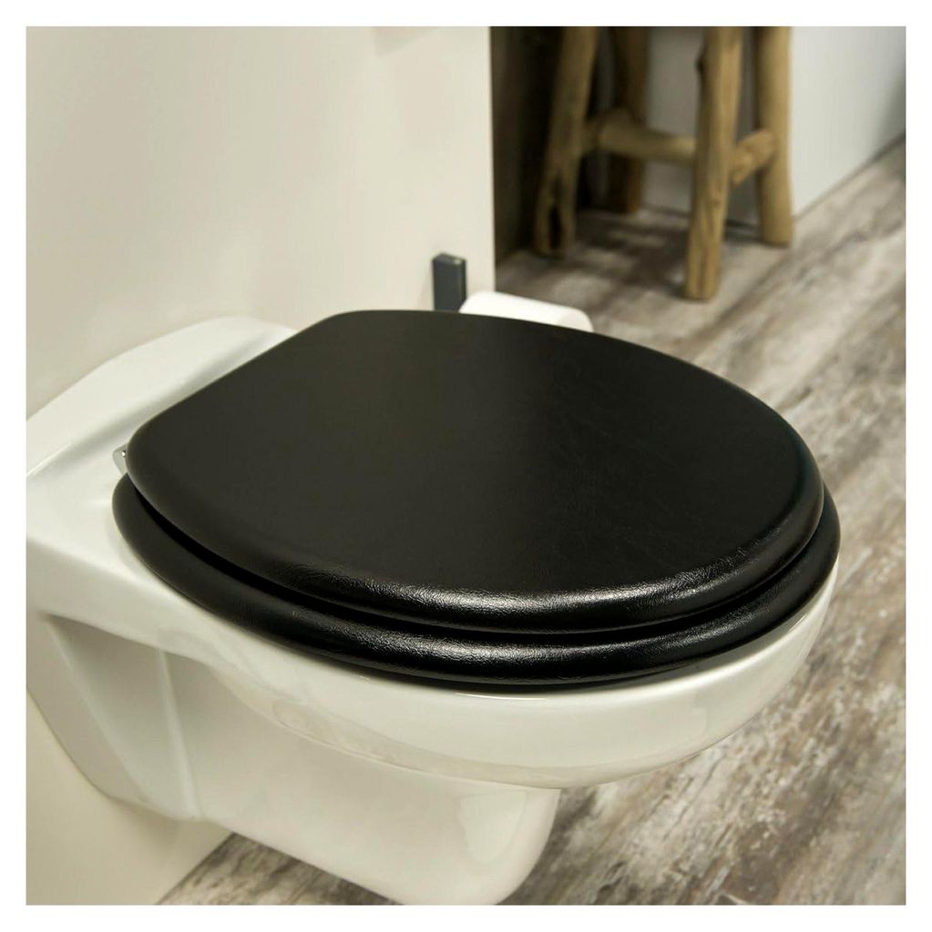 Toilettensitz in Lederoptik, WC-Sitz aus Holz, Schwarz, Metallbefestigung