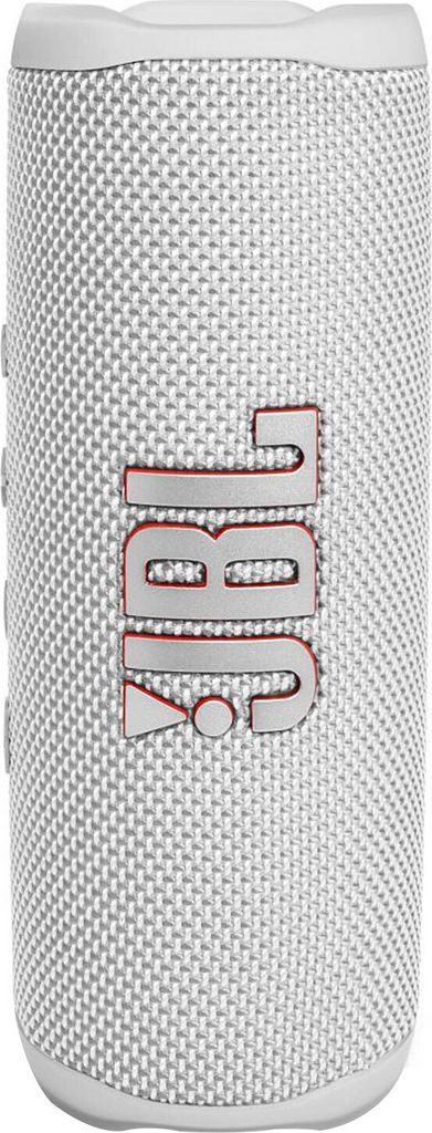 A close-up studio shot of a white JBL Flip 6 Bluetooth speaker.