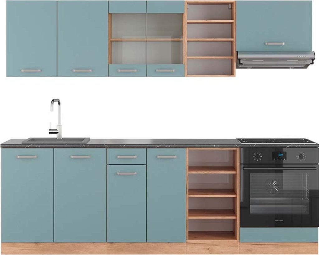 Küchenzeile Vicco R-Line Blau-Grau/Goldkraft Eiche 240 cm , AP Anthrazit, Model 43250