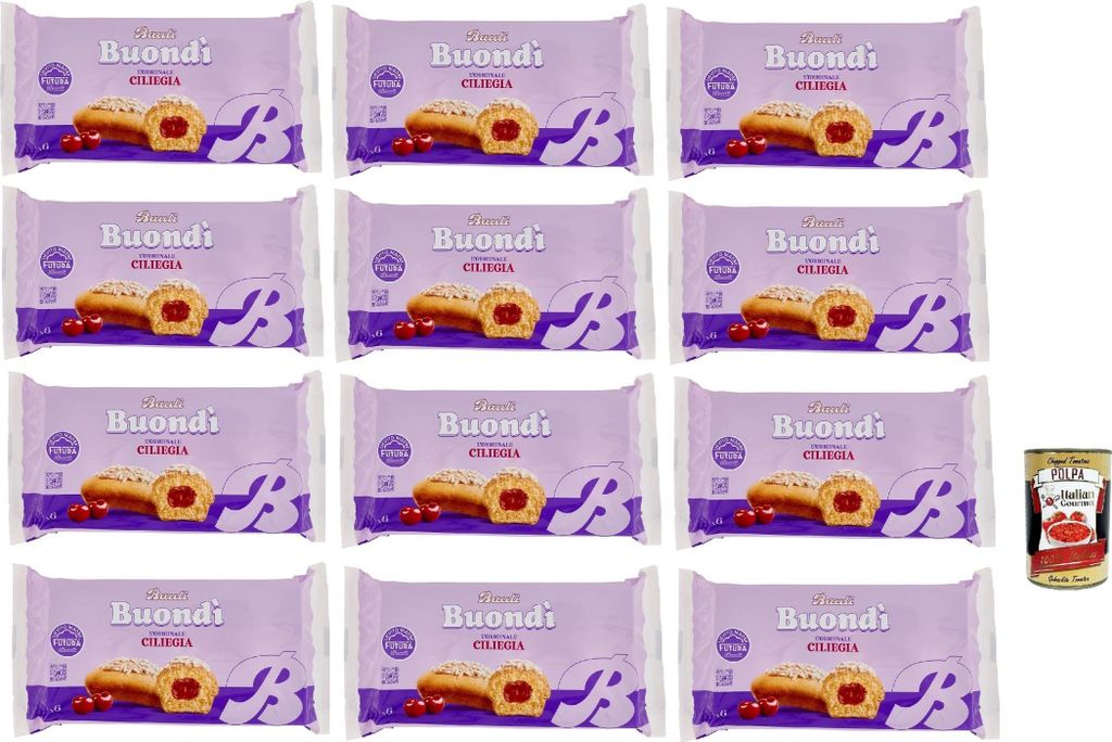 Bauli, Buondì Ciliegia, gebackener Kuchen snack mit Kirsche creme abgepackte Snacks 12x 258g Frühstück + Italian Gourmet polpa 400g