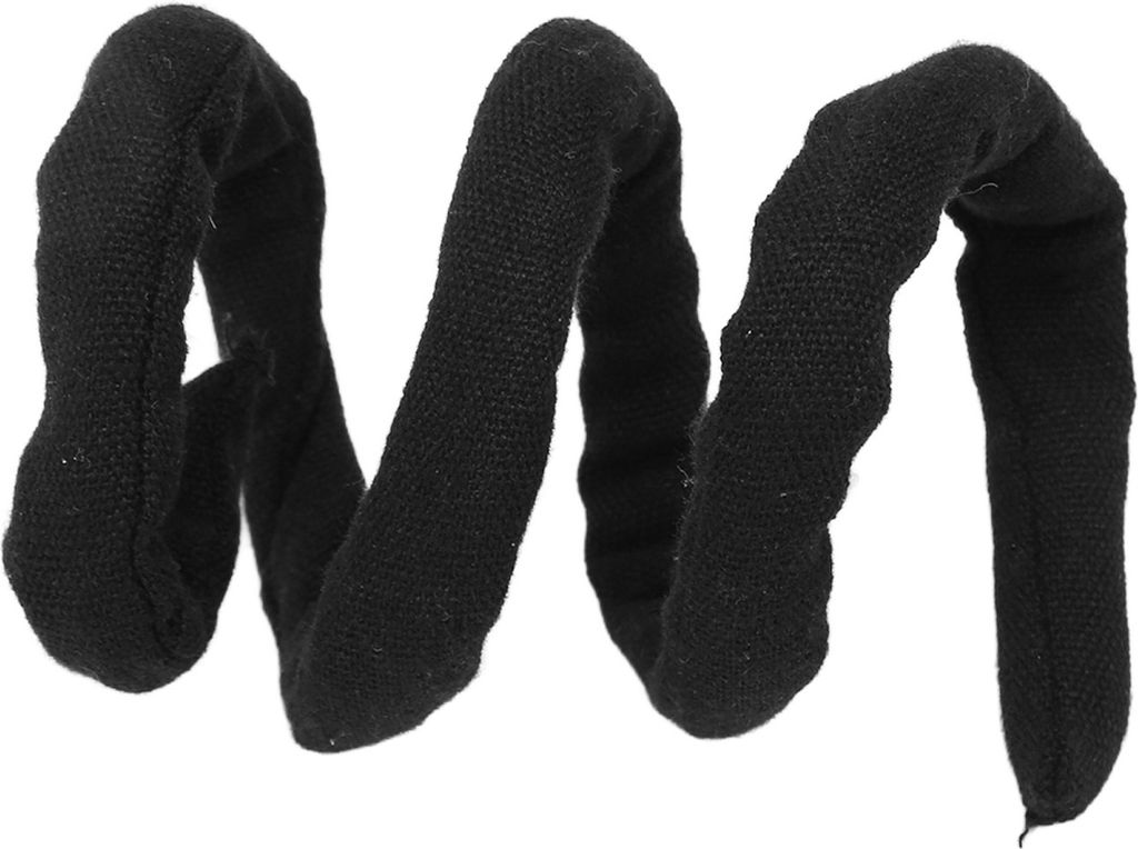 A black, coiled, fabric-like object resembling a flexible hair tie or accessory, isolated on a white background.