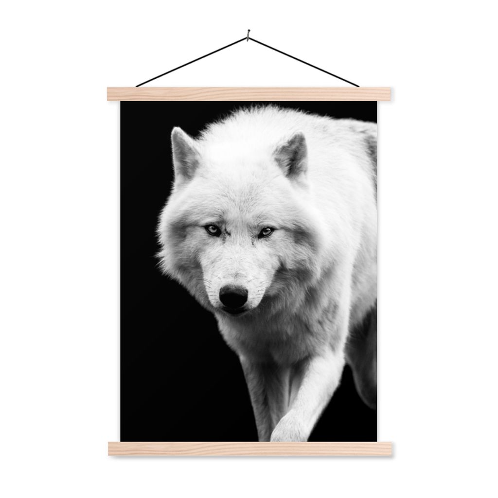 MuchoWow Textilposter Wolf - Tier - Schwarz - Weiß 60x80 cm mit holzfarbenen Rahmen - Wandbild