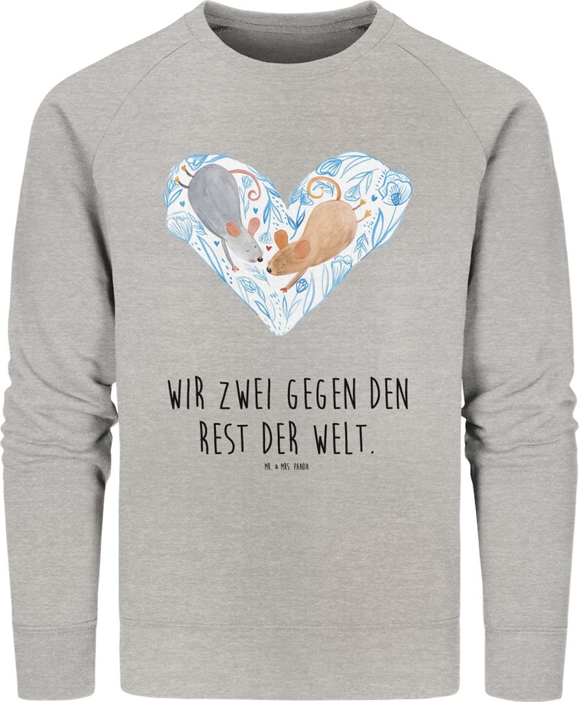 Mr. & Mrs. Panda Baumwoll Pullover Mäuse Herz Größe S - Heather Grey - Geschenk, Jahrestag, für Immer, Sweater, Sweatshirt, Freundin, Bio, Pull...