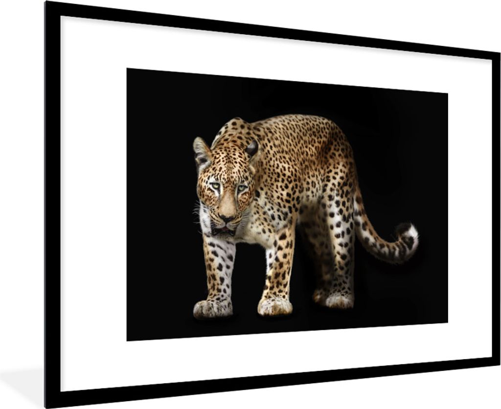 MuchoWow Gerahmtes Poster Leopard - Wild - Schwarz 90x60 cm - Poster mit Schwarzem Bilderrahmen Wandposter Rahmen Foto Bilder - Wanddekoration - ...