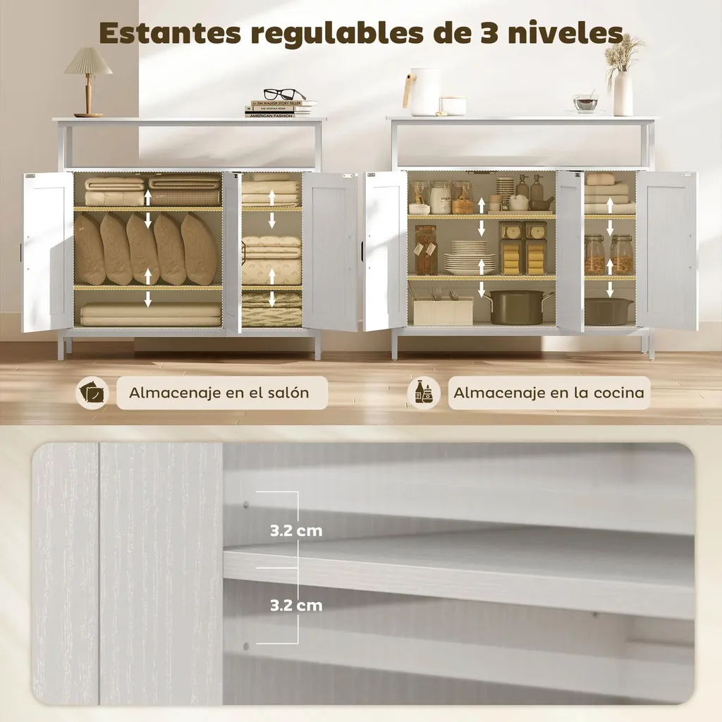 Buffet Blanc 100cm à 3 Portes et Compartiment Ouvert Style Moderne - 4