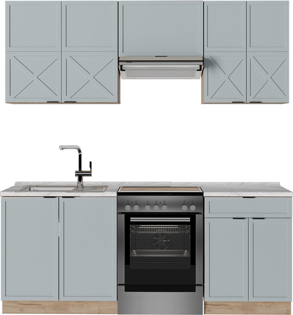 Küchenzeile Vicco Fame-Line Hellblau-grau/Goldkraft Eiche 200 cm , AP Marmor, Model 51199