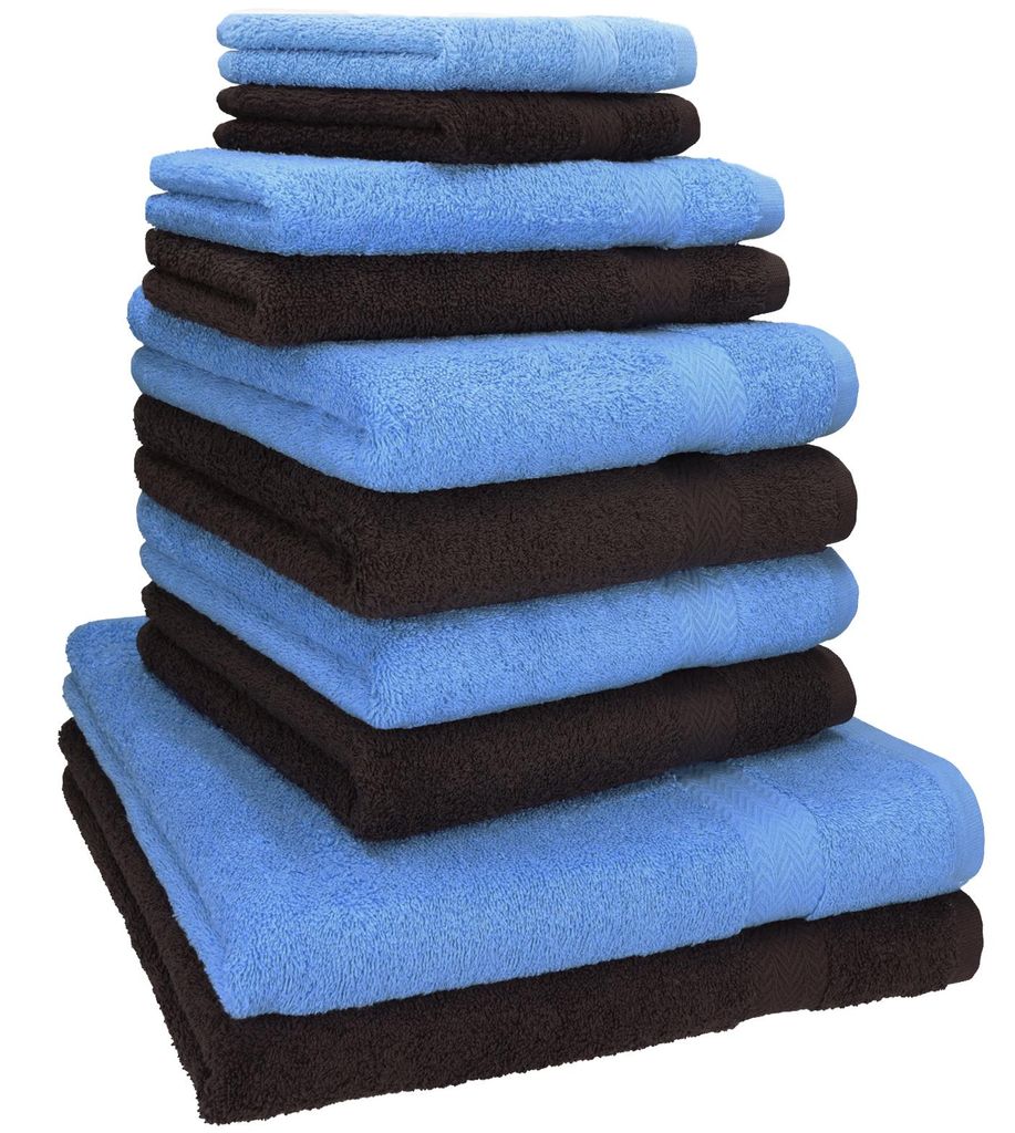 Betz 10-tlg. Handtuch-Set PREMIUM CLASSIC 2 Duschtücher 4 Handtücher 2 Gästetücher 2 Seiftücher Farbe: hellblau & dunkelbraun