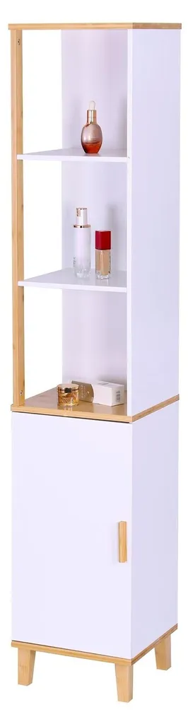 Armoire de salle de bain haute : colonne 1 porte et 3 étagères en bambou