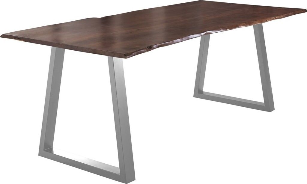 Esstisch Baumkante massiv Akazie nussbaum 220 x 100 silber V-Gestell LUBIN