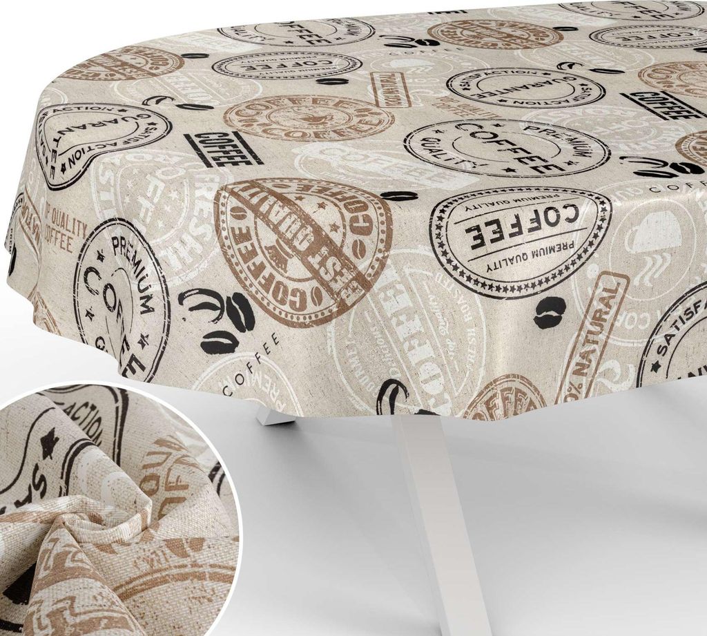 Tischdecke Coffee - Kaffee mit Tee und Kaffee aus Textil Tischtuch mit Beschichtung Tischwäsche American Beige Oval Breite 140cm Länge 280cm mit ...
