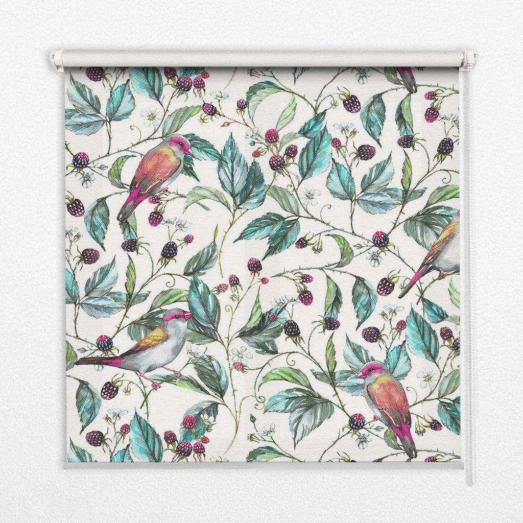 Seitenzug-Rollo Fensterrollo Jalousie - Thermo-Rollo Verdunkelungsrollo - 120x240 cm - Blaue Blätter und bunte Vögel