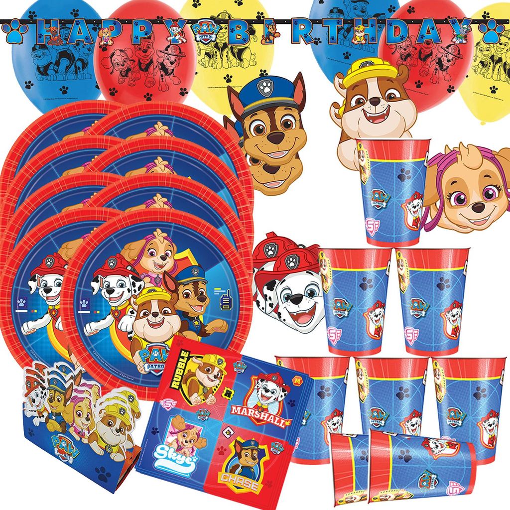 Komplettübersicht des 55-teiligen Paw Patrol Party-Sets mit Tellern, Bechern, Servietten, Banner, Luftballons, Masken und Einladungskarten im Hunde-Design.