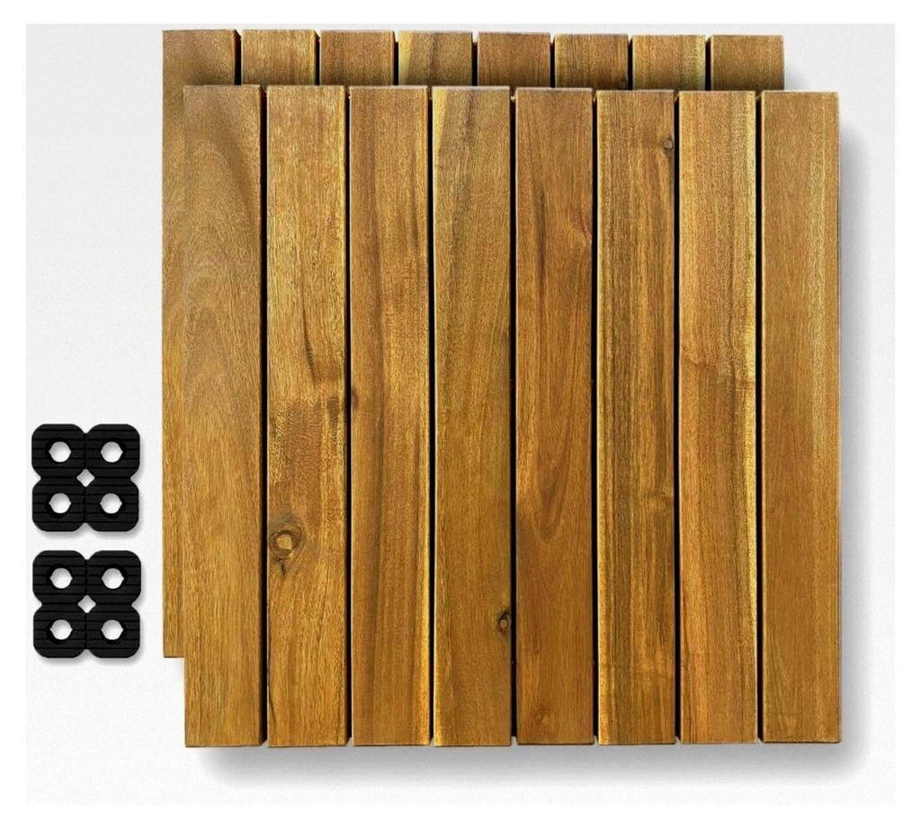Terrassenfliese aus Akazie mit Verbindungssystem, 2 Stück, 60 x 60 x 5,5 cm = 0,72 m², Farbe: Golden Teak, inkl. 2 Gummiverbinder 10 x 10 x 1,5 c...